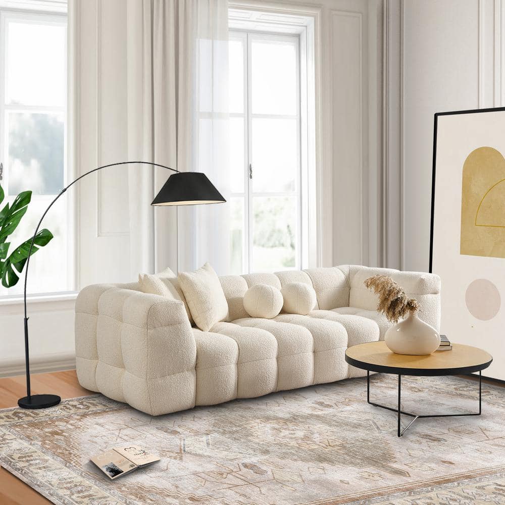 Ivory Boucle Puffy 3-Seater Mid Century Modern Sofa