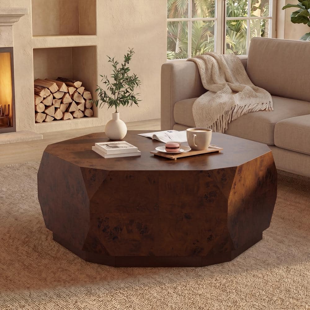 "36"" Burl Wood Drum Design Coffee Table with Sturdy Pedestal,Mid-Century Modern Solid Wood Coffee Table for Living Room" price history on PriceWatchPro