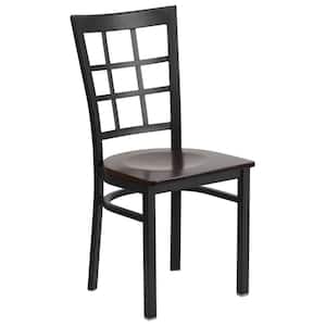 Hercules Series Black Window Back Metal Restaurant Chair with Walnut Wood Seat