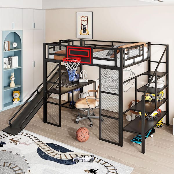 Harper & Bright Designs Black Full Size Metal Loft Bed with Built-in Desktop, Open Wardrobe, Basketball hoop, Slide, Storage Staircase