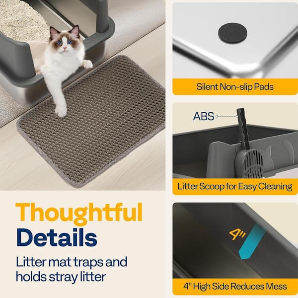 VIVOHOME Extra Large Stainless Steel Cat Litter Box with Lid, Litter Mat and Scoop in Dark Gray