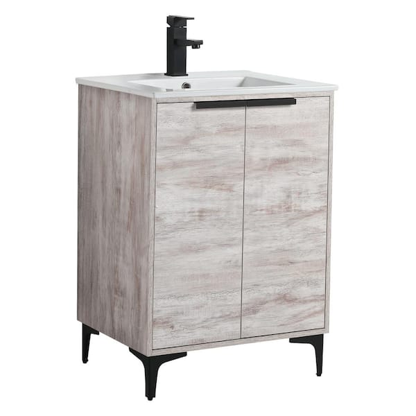 FINE FIXTURES 24 in. W x 18.5 in. D x 35.25 in. H Single sink Bath Vanity in White with Black Hardware and White Ceramic Sink top