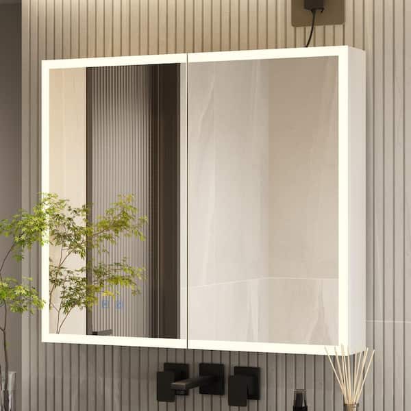 FUFU&GAGA 31.5 in. W x 27.6 in. H Rectangular Surface Mount Bathroom Medicine Cabinet with Mirror, Anti-fog, 3-Color LED Lights