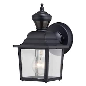 Bedford Aluminum 5.25 in. W 1-Light Black Motion Sensor Dusk to Dawn Outdoor Wall Lantern Clear Glass