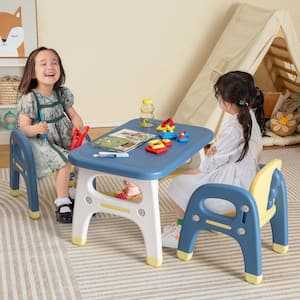 3-Piece Plastic Top Kids Table and 2 Chairs Set Activity Art Desk with Storage Shelf & Building Blocks
