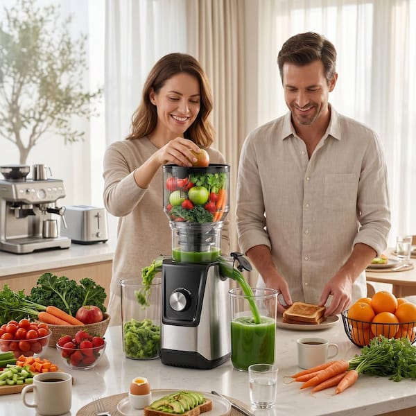 SIMZLIFE 120V Slow Masticating Juicer with 5. 12in Extra-Wide Chute for Whole Fruits and Vegetables, Easy to Clean in Silver