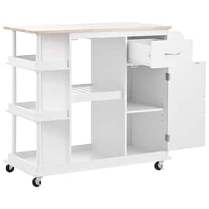 Kitchen Cart Cabinet with Side Storage Shelves, 5-Wheels, Kitchen Storage Island with Wine Rack for Dining Room, White