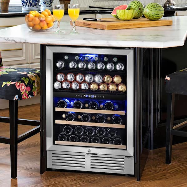 24 in. Dual Zone 27-Bottle and 105-Can Wine and Beverage Cooler Built-in Two Door Handles Wine Fridge in Silver
