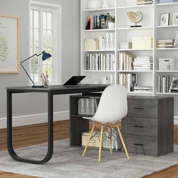 55.1 in. L-Shaped Gray Wood Computer Desk Writing Desk Office Executive Desk W/Removable Tabletop, Shelves, 3-Drawers