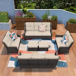 Patio Furniture Set 6 Pieces Outdoor Wicker Sectional Sofa with Beige Cushions