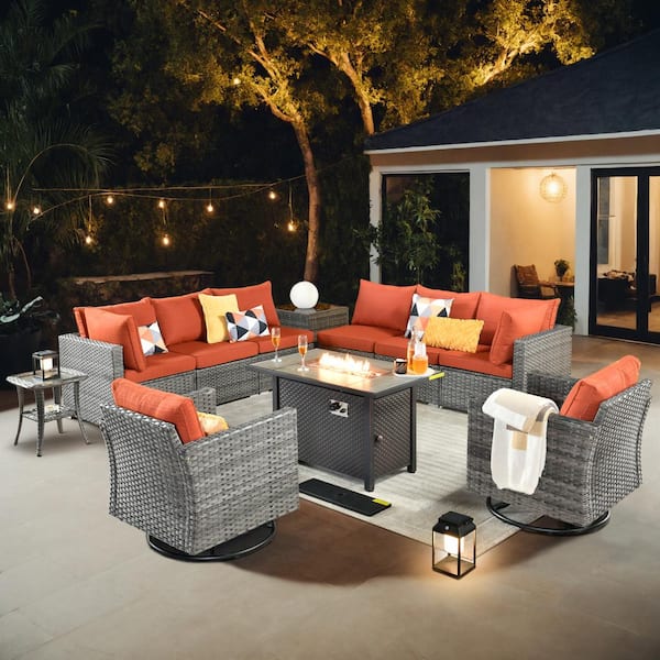 Echo 11-Piece Wicker Patio Rectangular Fire Pit Set with Orange Red Cushions and Swivel Rocking Chairs