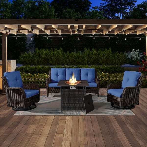 Opohoro ArcoBay 4-Piece Brown Wicker Patio Square Fire Pit Conversation Set with Navy Blue Cushions and Swivel Rocking Chairs