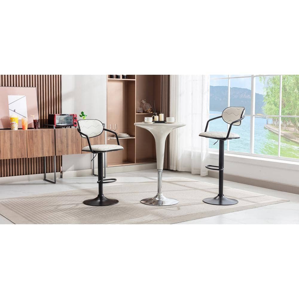 Adjustable White Faux Leather Swivel Bar Stools with Black Metal Frame, Set of 2