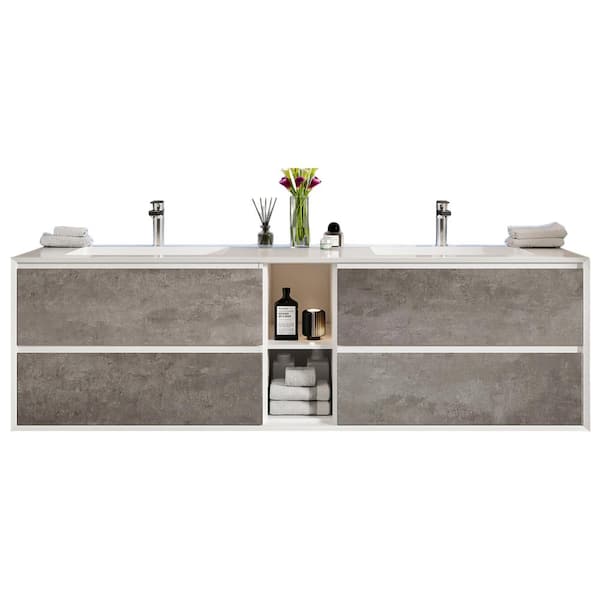 Vienna 75 in. Double Sink Floating Concrete Gray Bath Vanity with White Acrylic Top (Assembled)