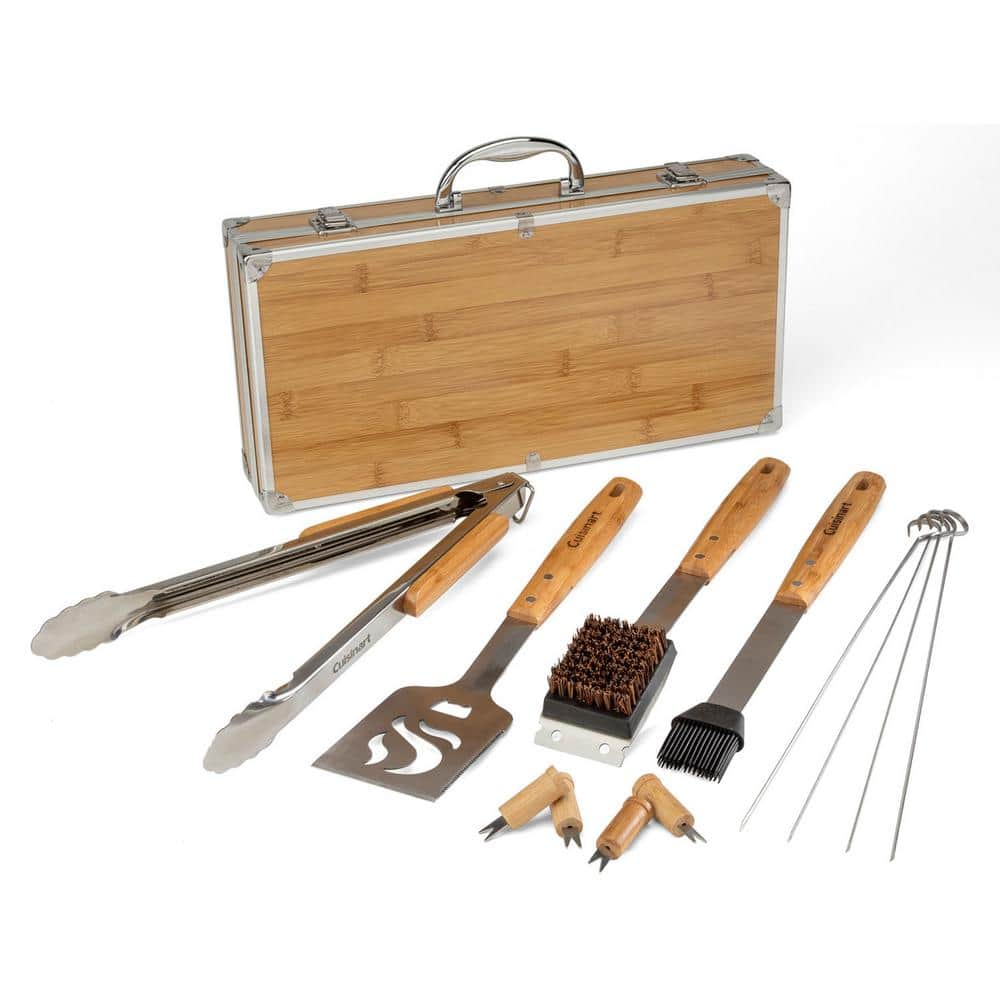 13-Piece Stainless Steel Grill Tool Set with Bamboo Handles