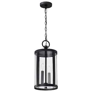 Broadstone 18.88 in. 2-Light Matte Black Outdoor Pendant Light Fixture with Clear Seeded Glass Shade