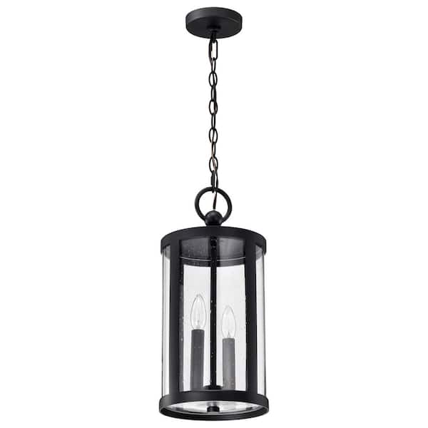 SATCO Broadstone 18.88 in. 2-Light Matte Black Outdoor Pendant Light Fixture with Clear Seeded Glass Shade