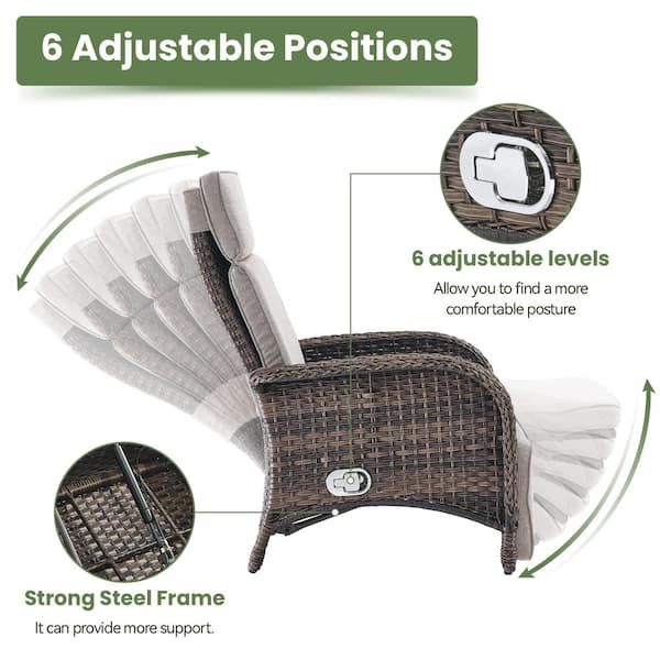 PlainCurve 4-Piece Brown Wicker Outdoor Patio Adjustable Recliner Chair with Beige Cushions