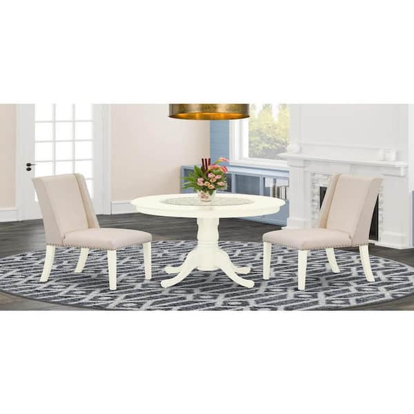 East West Furniture 3-Piece Linen White Finish Solid Wood Top - Round Upholstered Dining Room Set - Seats 4