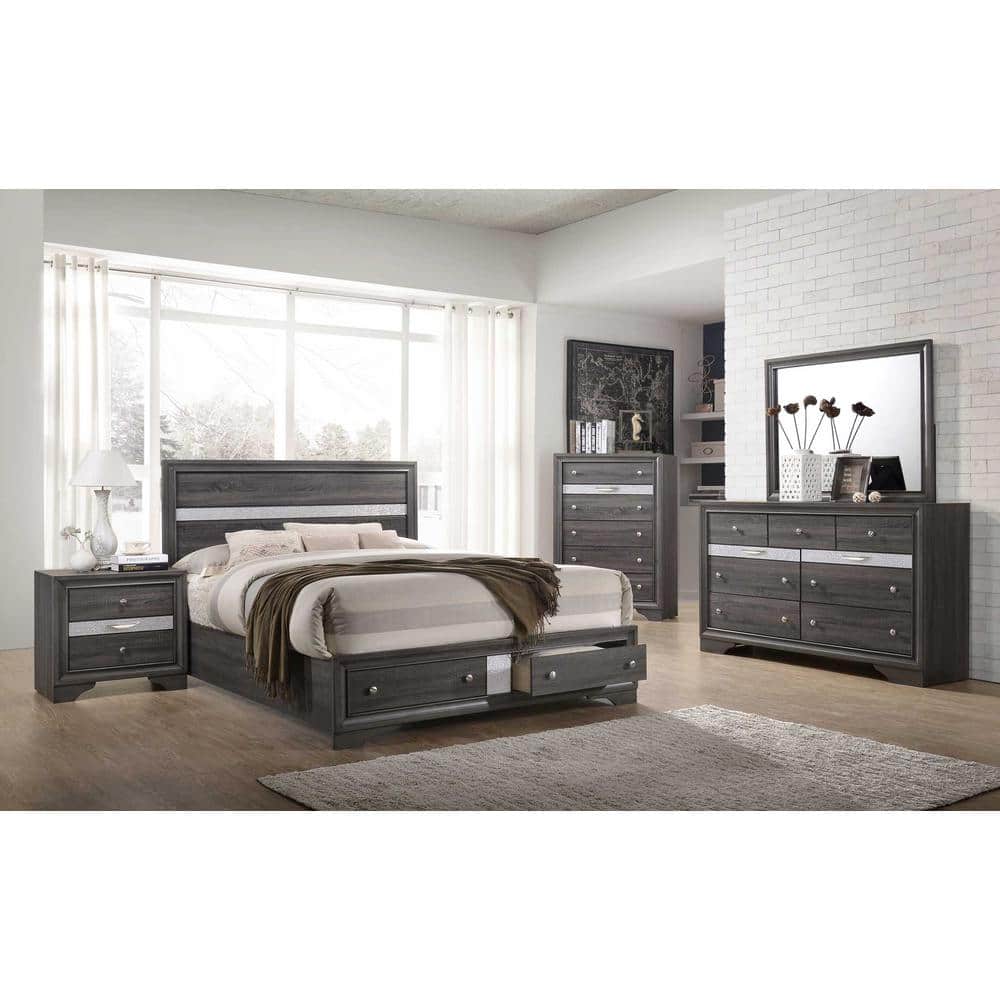Queen Gray Wood Platform Bed with 2 Drawer Storage
