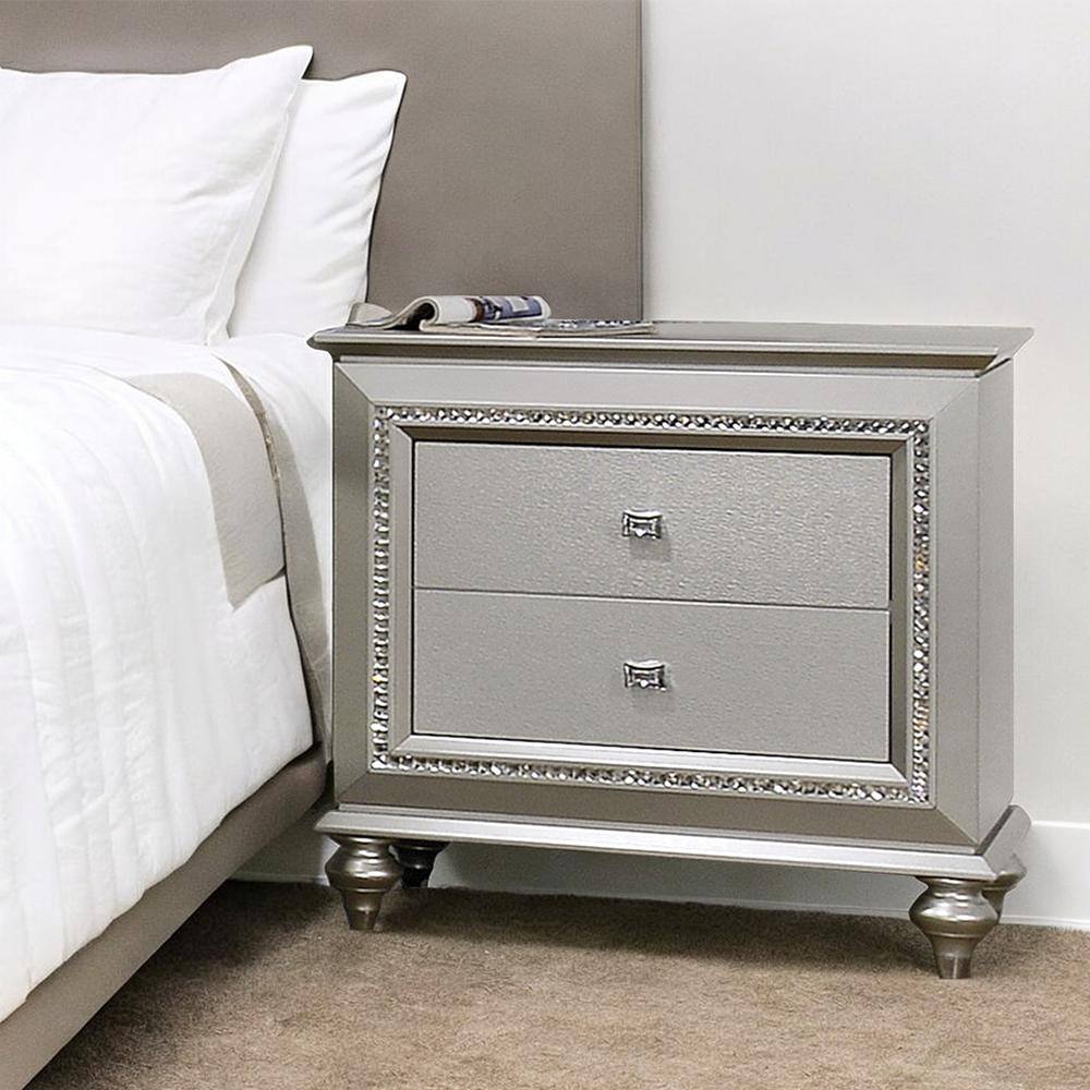Kaitlyn Champagne Glam 2-Drawer Nightstand with Crystal Trim