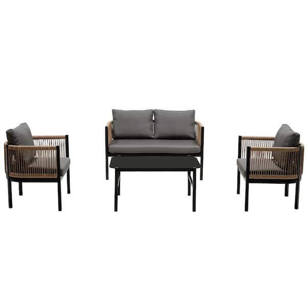 Unbranded 4-Piece Wicker Outdoor Patio Conversation Set with 1 Table, 2 Single Chair and Double Seat Sofa, with Gray Cushions