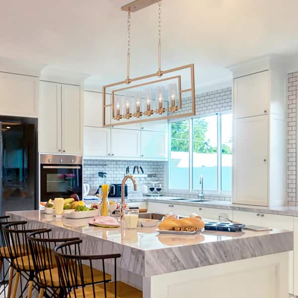 Mid-Century Modern Kitchen Island Chandelier 6-Light Brass Gold Rectangle Chandelier with Clear Glass Shades