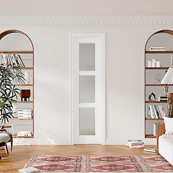 24 in. x 80 in. 3 Lite Frosted Glass Prehung Interior Door Left-Handed White MDF with Door Jamb and Hardware Kit