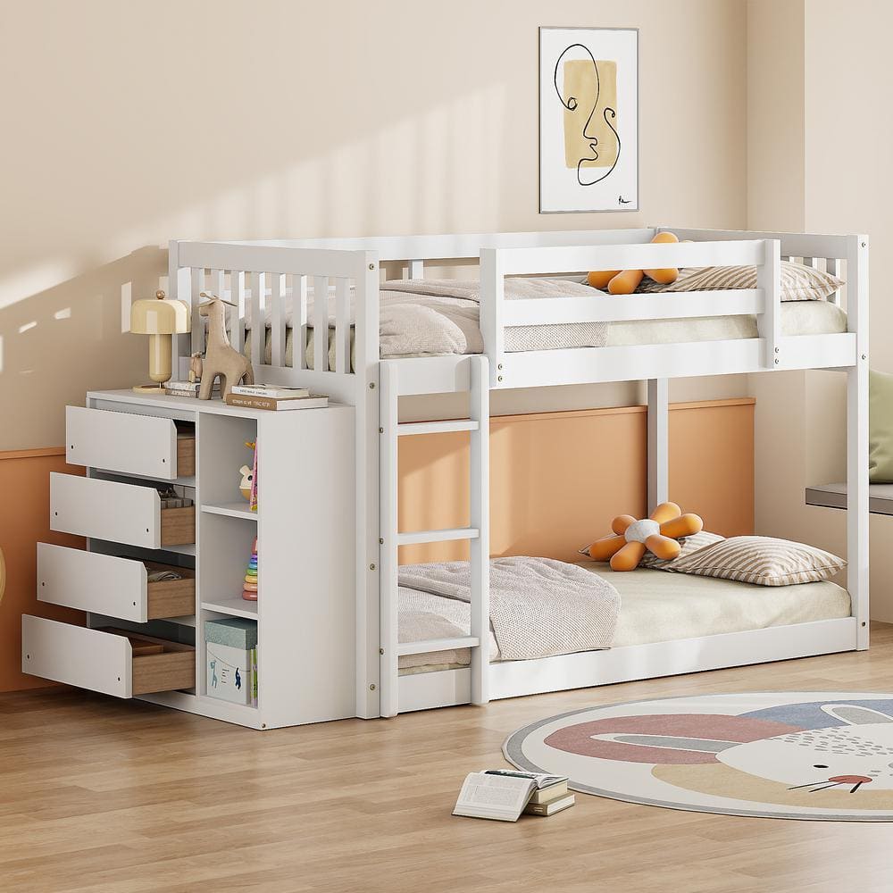 Qualler White Twin over Twin Bunk Bed with 4 Drawers and 3 Shelves