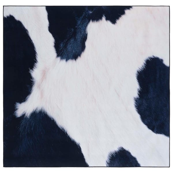 Faux Hide Ivory/Dark Blue 4 ft. x 4 ft. Machine Washable Animal Print Square Area Rug
