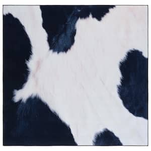 Faux Hide Ivory/Dark Blue 6 ft. x 6 ft. Machine Washable Animal Print Square Area Rug