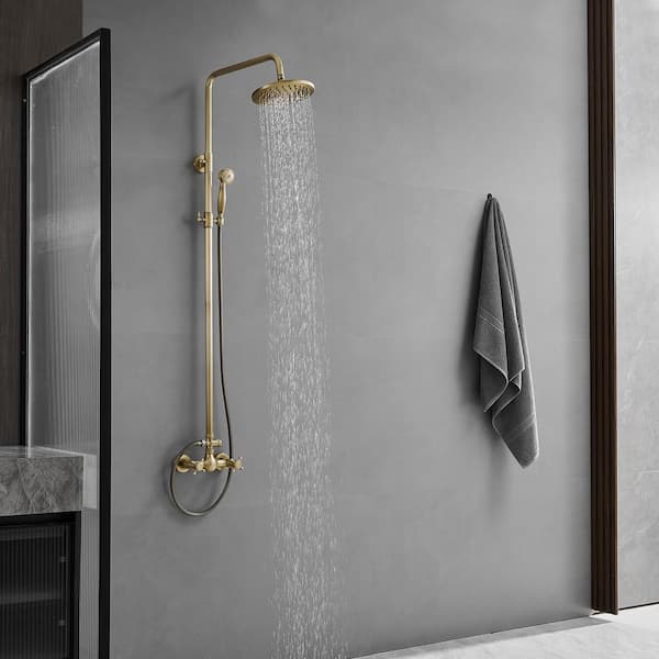 2-Spray Wall Slid Bar Round Rain Shower Faucet with Hand Shower 2 Cross Handles Mixer Shower System Taps in Antiqued