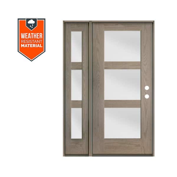 Krosswood Doors Modern 50 in. x 79 in. 3-Lite Left-Hand/Inswing Satin Etched Glass Oiled Leather Stain Fiberglass Prehung Front Door/LSL