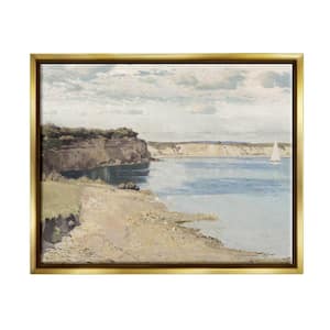Still Morning Oceanside Cliffs and Sailboat Painting by Christy McKee Floater Frame Nature Wall Art 21 in. x 17 in.