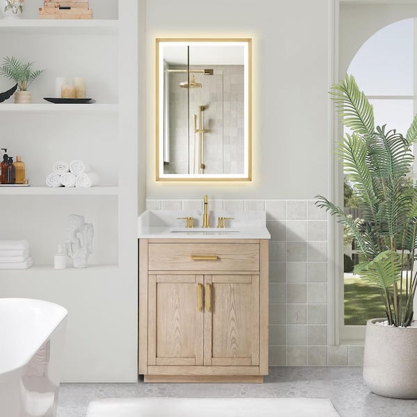 Gavino 30 in. Single Freestanding Natural Ash Bath Vanity with Grain White Engineered Stone Top Assembled