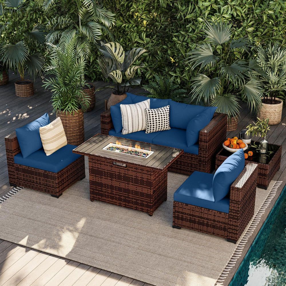 Brown 6-Piece Wicker Sofa Set, Outdoor Seating Group with Blue Cushions & Firepit price history on PriceWatchPro