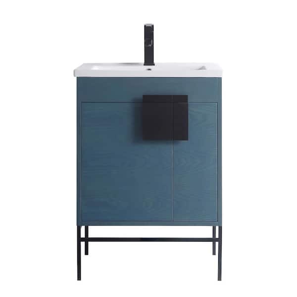 FINE FIXTURES Shawbridge 24 in. W x 18.11 in. D x 33.5 in. H Bath Vanity in French Blue with Ceramic Vanity Top in White