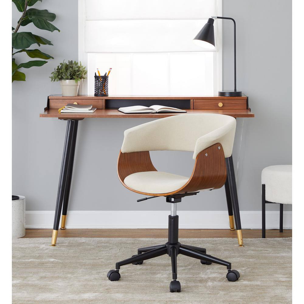 Lumisource Vintage Mod Fabric Adjustable Height Office Chair in Cream Fabric, Walnut Wood and Black Metal with 5-Star Caster Base, Cream Fabric/ Walnut Wood & Black Metal