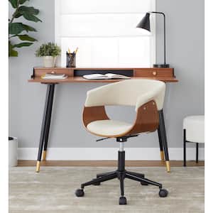 Vintage Mod Fabric Adjustable Height Office Chair in Cream Fabric, Walnut Wood and Black Metal with 5-Star Caster Base
