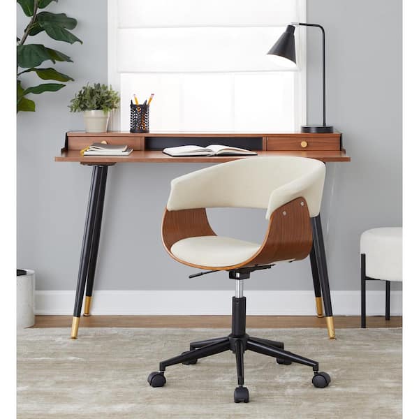 Lumisource Vintage Mod Fabric Adjustable Height Office Chair in Cream Fabric, Walnut Wood and Black Metal with 5-Star Caster Base