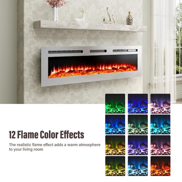 60 in. Stainless Steel Electric Fireplace Insert Wall Mounted or Recessed with 12 Flame Colors and Remote
