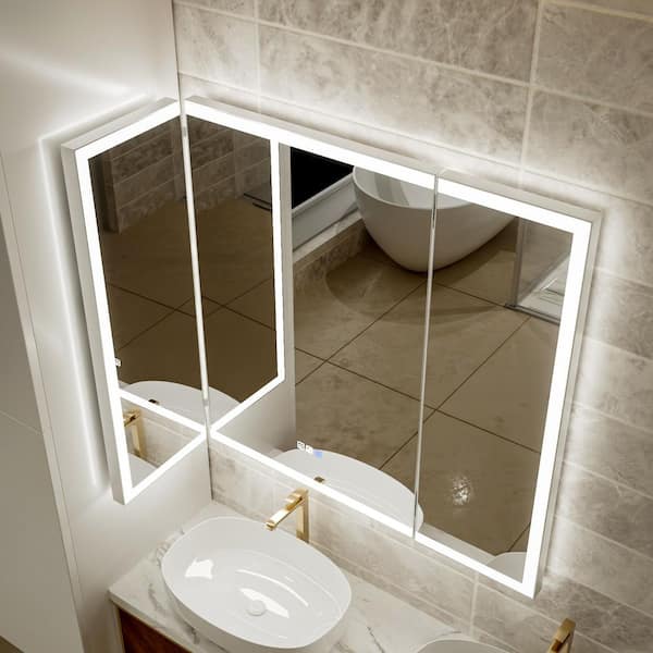AZDHOME 60 in. W x 36 in. H Rectangular Frameless Wall Mounted Tri-Fold Led Bathroom Vanity Mirror in Silver and Dimmer