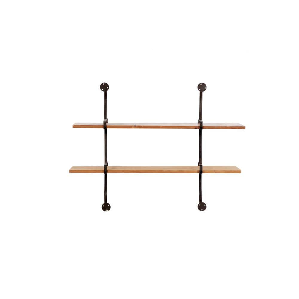 Brown Iron and Fir Wood 2-Tier Wall Shelf, 37" x 29"