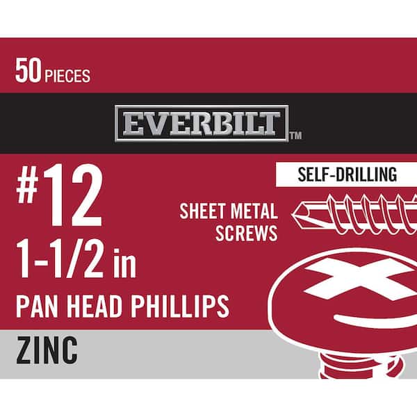 Everbilt #12 x 1-1/2 in. Zinc Pan-Head Self Drilling Sheet Metal Screw (50-Piece per Pack)