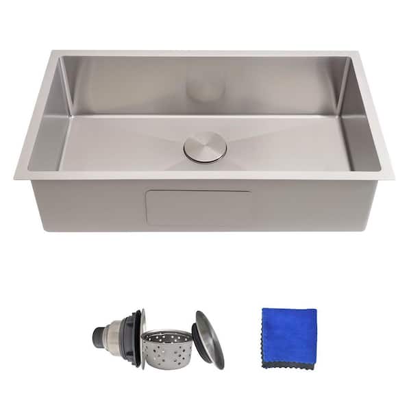 32 in. x 18 in. Undermount Kitchen Sink, 18-Gauge Stainless Steel Single Bowl, Includes Drain Cover and Cleaning Cloth