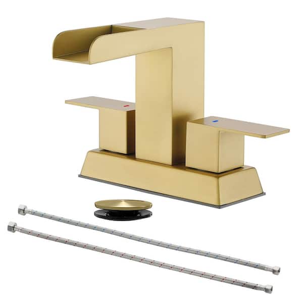 4 in. Centerset Double Handle Low Arc Bathroom Waterfall Faucet with Pop Up Drain Kit in Brushed Gold