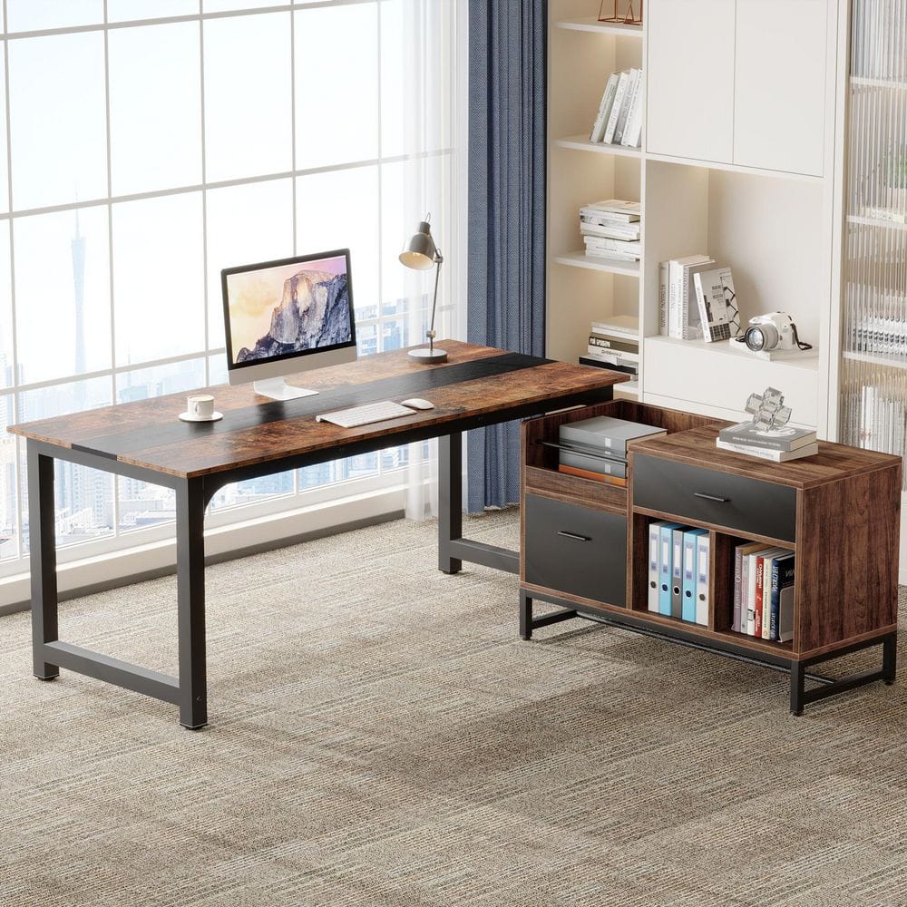 71 in. L-Shaped Brown Wood 2-Drawer Computer Desk with File Cabinet for Home Office Workstation Business Furniture Set