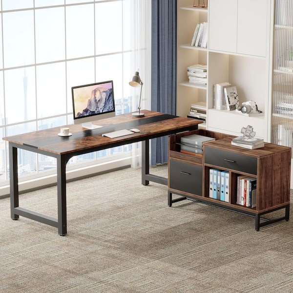 71 in. L-Shaped Brown Wood 2-Drawer Computer Desk with File Cabinet for Home Office Workstation Business Furniture Set