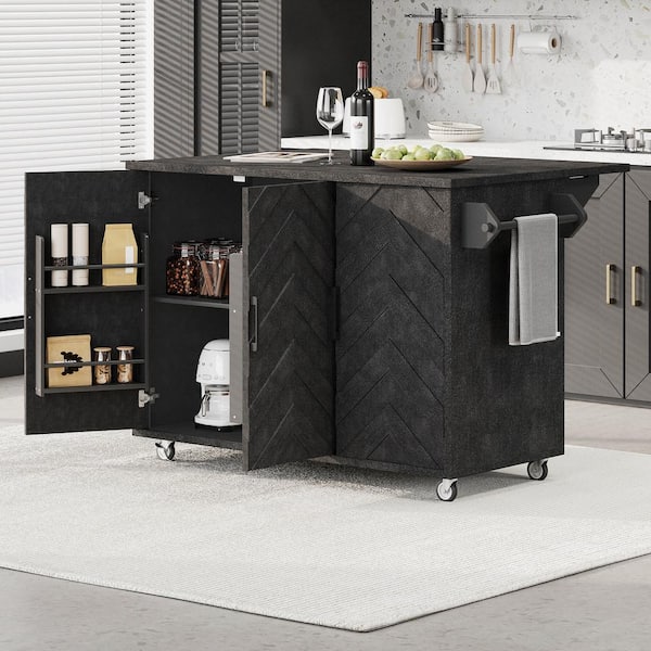 Runesay Rustic Farmhouse Black Wood 51.2 in. 3D Wave Stripes Kitchen Island with Drop Leaf and Internal Storage Rack