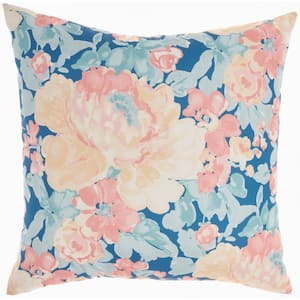 Waverly Blue and Ivory Floral Stain Resistant 20 in. x 20 in. Indoor/Outdoor Throw Pillow